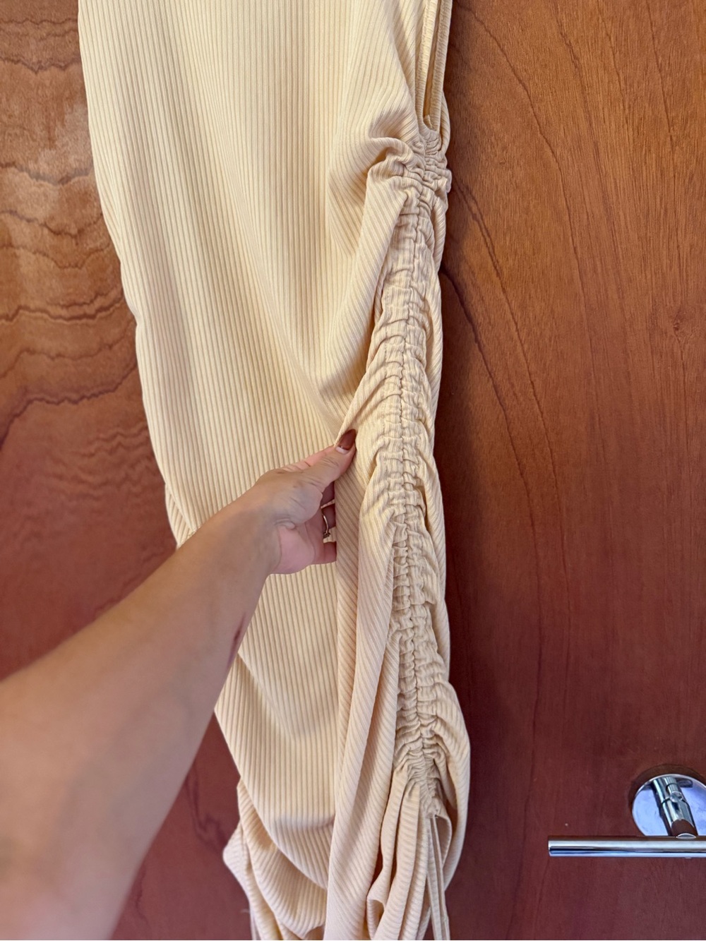SHEIN Ribbed Ruched Midi Dress in Pale Yellow - Picture 2 of 3